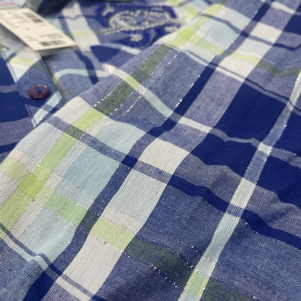 NWT Girls Shirt Top Blue‎ Plaid Roll Tab Long 3/4 Sleeve Cowgirl Cottage Prairie